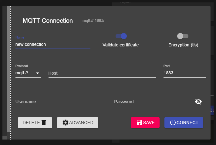 MQTT Explorer 접속 정보 입력 화면