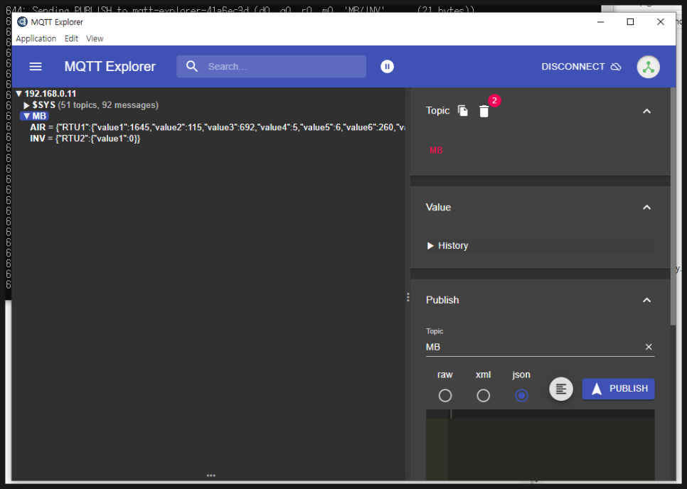 MQTT Explorer 정상 접속 화면